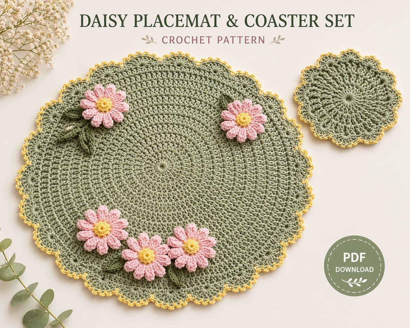 Crochet Daisy Placemat Pattern | Sage Green Scalloped Table Mat, 3D ...