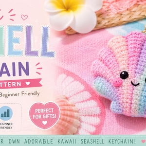 Peut inclure: Un patron de crochet pour un porte-clés coquillage Kawaii. L'image présente un porte-clés coquillage aux couleurs pastel avec un visage souriant. Le texte comprend "Kawaii Seashell Keychain" et "Crochet Pattern". Le design est décrit comme mignon, pastel et facile.