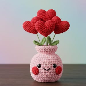 May include: A crocheted pink vase with a smiling face, holding five red crocheted hearts with green leaves. The vase has black eyes and red cheeks. The hearts are arranged to look like flowers.