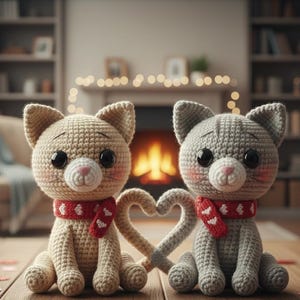 May include: Two crocheted cat dolls, one beige and one grey, sit side-by-side with tails forming a heart. Each cat wears a red scarf with white heart accents. The dolls have large black eyes and pink cheeks.
