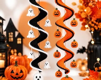Häkelanleitung für ein Halloween-Spiralwindspiel, Geister-Kürbis-Dekoration (PDF-Download)