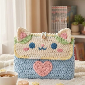 May include: A crocheted cat-shaped bag. The bag is light blue with a cream-coloured flap featuring cat details and a pink heart. The cat's ears have pink and green accents. A cup of tea is in front of the bag. The bag is handmade.