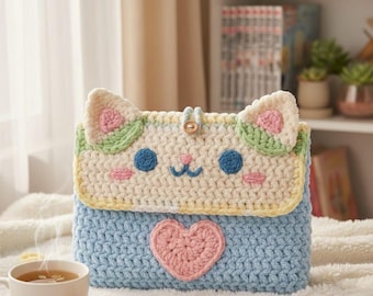 Katze gehäkelte Laptop Sleeve Muster | Kawaii Hülle mit Herz (PDF-Muster)