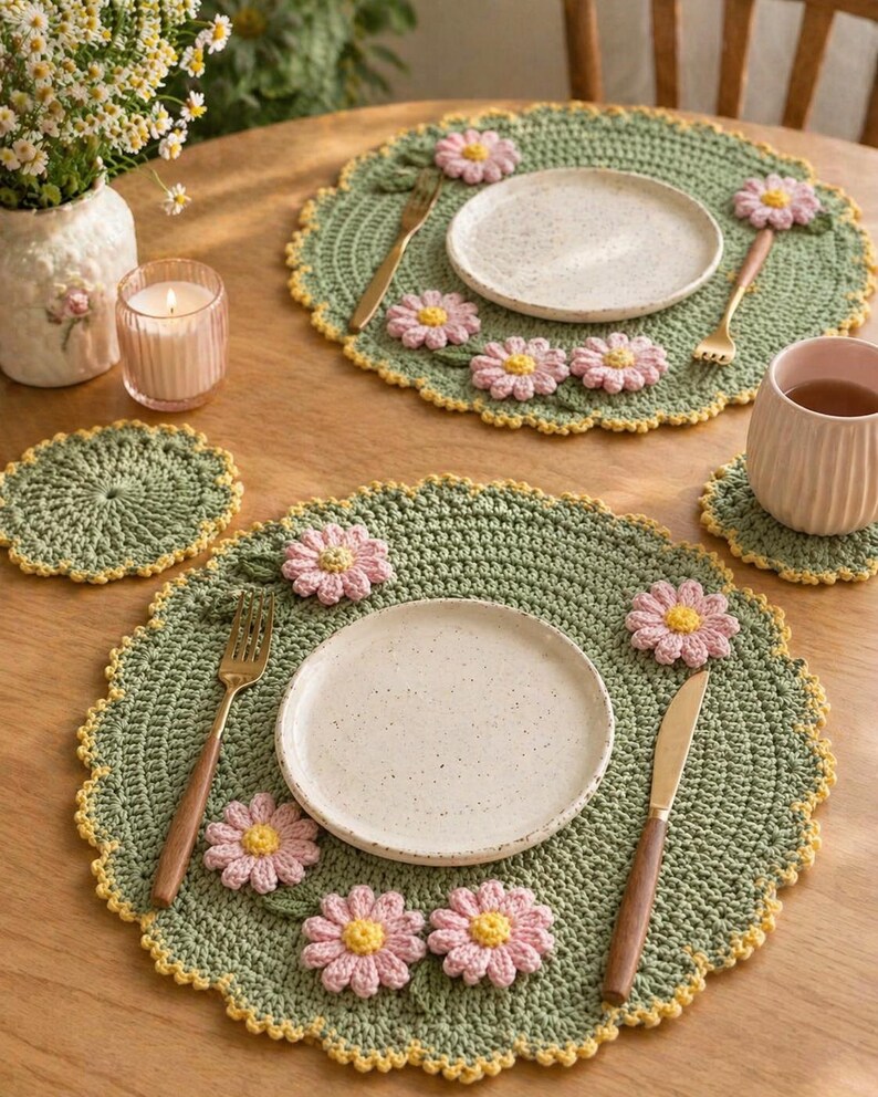Crochet Daisy Placemat Pattern | Sage Green Scalloped Table Mat, 3D ...