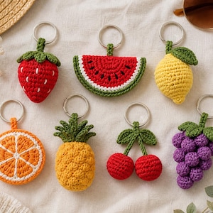 Modèle de porte-clés fruits au crochet | Ensemble de mini-fruits Amigurumi réalistes | Téléchargement instantané PDF