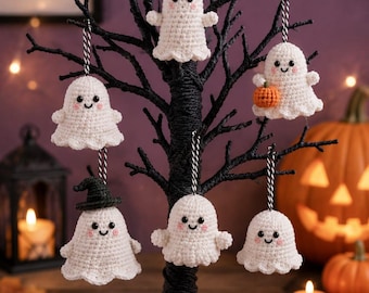 Halloween-Geisterbaum-Häkelanleitung, gruselige Geisterdekoration, Kürbisdeko mit Hexenhut (PDF-Download)