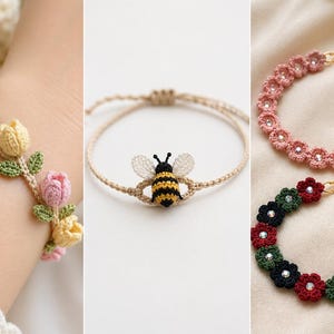 Könnte beinhalten: Eine Sammlung handgefertigter Häkelarmbänder. Eines zeigt rosa und gelbe Blütenknospen, ein anderes eine Biene, und zwei weitere haben florale Designs in Rosa, Rot, Grün und Schwarz. Jedes Armband ist einzigartig und mit aufwendigen Details gefertigt.