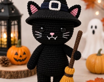 Halloween-Katze Häkelanleitung, Hexenhut Amigurumi PDF, Besen (Digitaler Download)