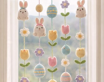 May include: Crocheted Easter garland with bunnies, eggs, and flowers. The garland includes bunnies, eggs, tulips, and daisies in pastel colors. The text at the top reads "Spring Bunny & Easter Garland - Crochet Pattern."