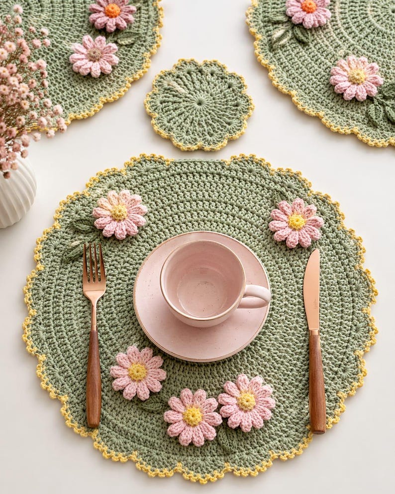 Crochet Daisy Placemat Pattern | Sage Green Scalloped Table Mat, 3D ...