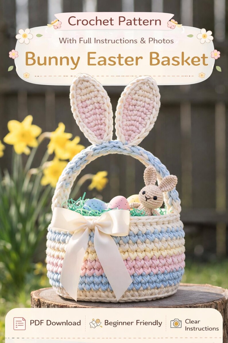 Crochet Bunny Easter Basket Pattern | Spring Decor, Kids Egg Basket ...