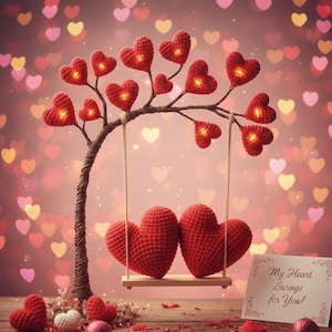 Op de afbeelding: Een decoratieve Valentijnsdagafbeelding met een gehaakte boom met rode hartvormige bladeren, waarvan sommige verlicht zijn. Twee grote rode gehaakte harten schommelen op een houten schommel. Een kaart leest "My Heart Swings for You!"