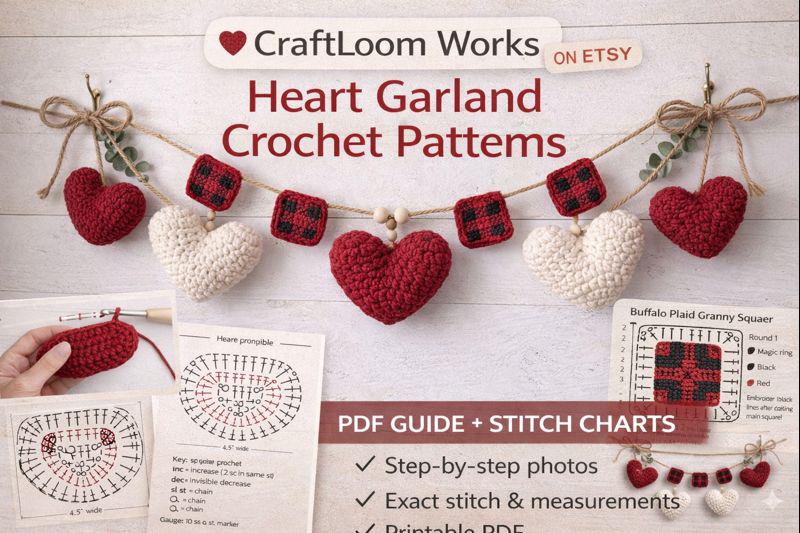 40 Valentine Crochet Patterns to Make for Gifts, Decor, and Cozy Seasonal Touches 8 Heart & Buffalo Plaid Crochet Garland