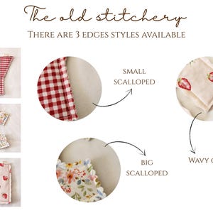 Puede incluir: The old stitchery. There are 3 edges styles available. Letras de tela Y, C y H se muestran con estampados de cuadros vichy rojos, flores y fresas. C&iacute;rculos de primer plano muestran acabados de borde festoneado peque&ntilde;o, grande y ondulado.