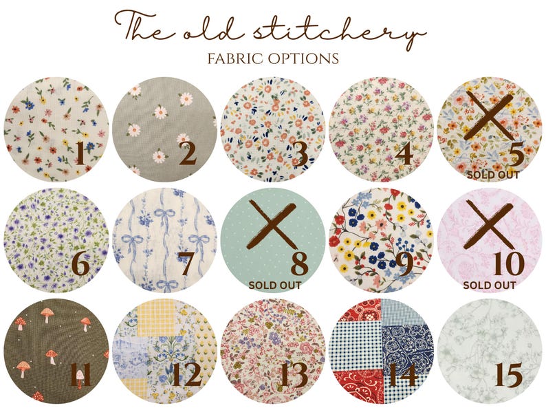 Puede incluir: Una colecci&oacute;n de quince muestras de tela circulares numeradas del uno al quince, titulada The old stitchery FABRIC OPTIONS. Los patrones incluyen varios estampados florales, cuadros vichy, lunares y motivos de setas en diversos colores.