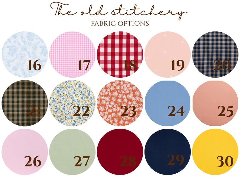 Puede incluir: Una tabla de muestras de tela titulada The old stitchery FABRIC OPTIONS con quince muestras circulares numeradas. Los patrones incluyen flores azul claro, cuadros vichy rosas, cuadros vichy rojos, lunares rosa p&aacute;lido, cuadros azul marino, cuadros marrones, flores azules, flores naranjas y colores s&oacute;lidos.