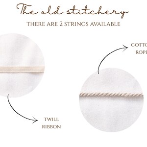 Puede incluir: El texto The old stitchery con la frase THERE ARE 2 STRINGS AVAILABLE. Dos recuadros circulares muestran una cinta de sarga beige plana y una cuerda de algod&oacute;n beige trenzada sobre fondo blanco, con flechas se&ntilde;alando cada material.