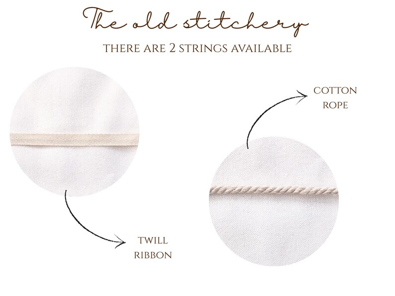 Puede incluir: El texto The old stitchery con la frase THERE ARE 2 STRINGS AVAILABLE. Dos recuadros circulares muestran una cinta de sarga beige plana y una cuerda de algod&oacute;n beige trenzada sobre fondo blanco, con flechas se&ntilde;alando cada material.