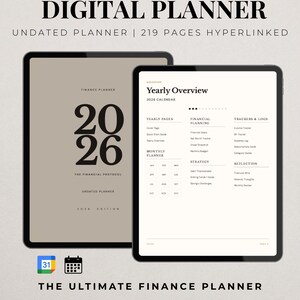 Pode incluir: Dois tablets digitais exibindo um planejador digital. O primeiro tablet mostra "2026" e "The Financial Protocol". O segundo mostra uma visão geral anual com seções de planejamento financeiro. O texto superior diz "DIGITAL PLANNER".