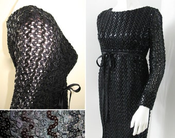 Vintage 1960s Black Ribbon and Sequin Cocktail Dress with Empire Waist and Sheer Sleeves