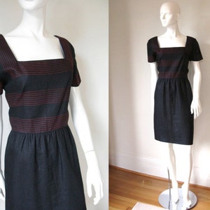 Vintage 1980s Miss O Oscar de la Renta Black Linen Short Sleeve Dress with Red Stitching Detail and Square Neckline image 1