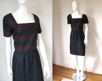 Vintage 1980s Miss O Oscar de la Renta Black Linen Short Sleeve Dress with Red Stitching Detail and Square Neckline