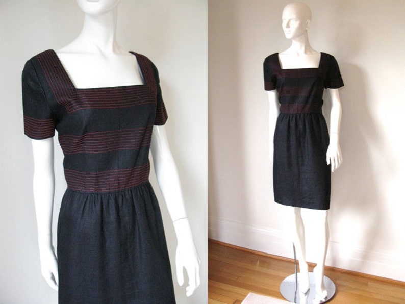 Vintage 1980s Miss O Oscar de la Renta Black Linen Short Sleeve Dress with Red Stitching Detail and Square Neckline image 1