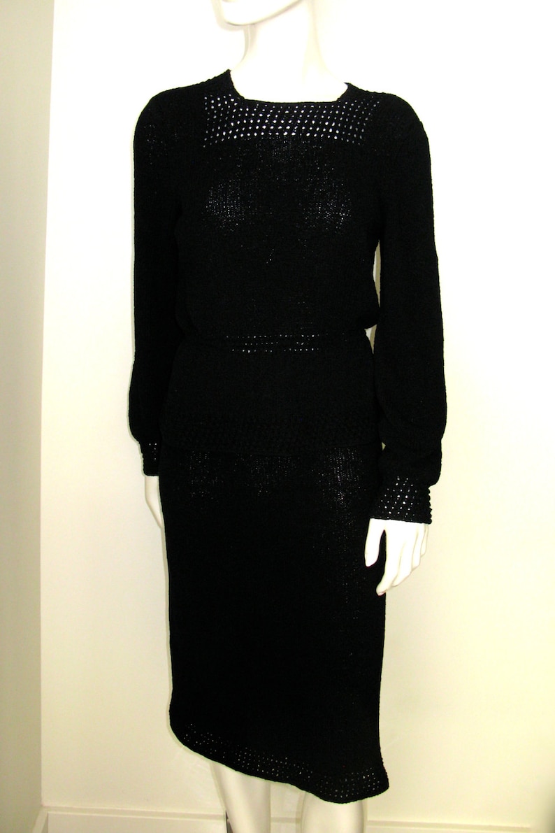 Vintage 1940s 1950s Black Knit Skirt and Top Set with Metal Zipper