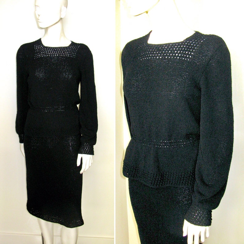 Vintage 1940s 1950s Black Knit Skirt and Top Set with Metal Zipper