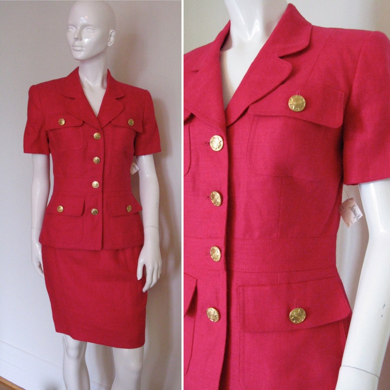 Vintage 1980s Scaasi Dress Fuchsia Linen Pencil Skirt Set Suit with Gold Buttons NWT image 1