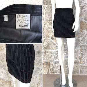 Vintage 1980s 1990s Moschino Cheap and Chic Pinstripe Skirt with Red Heart Stitching image 1