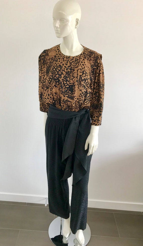 Vintage 1980s Nora Noh Silk Jumpsuit with Wild Ca… - image 5