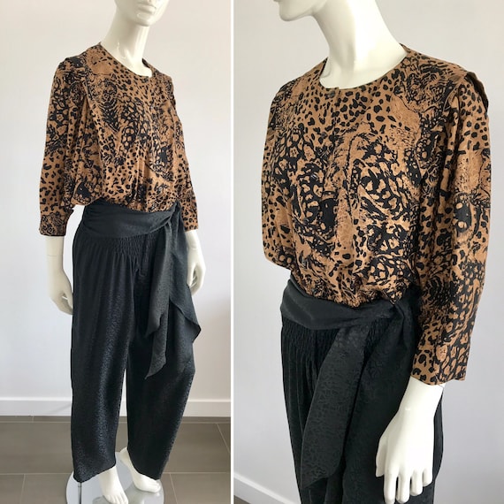 Vintage 1980s Nora Noh Silk Jumpsuit with Wild Cat