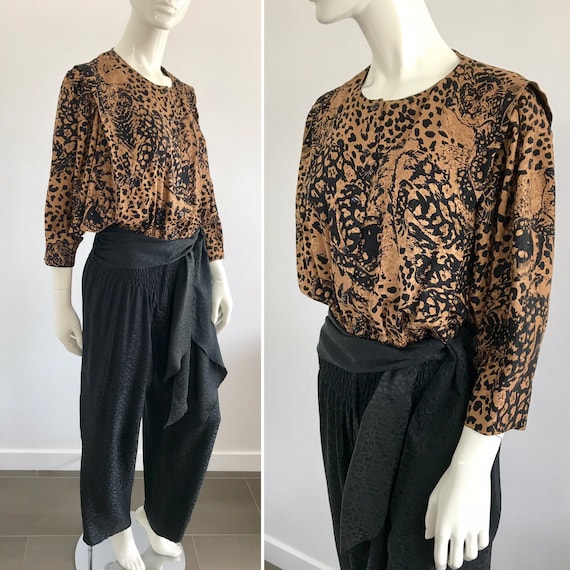 Vintage 1980s Nora Noh Silk Jumpsuit with Wild Ca… - image 1