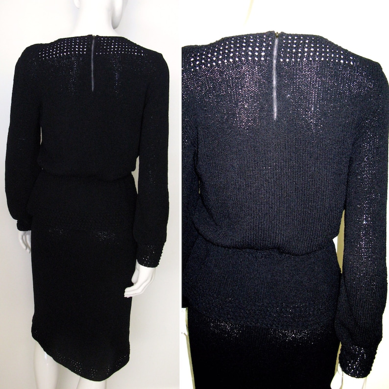 Vintage 1940s 1950s Black Knit Skirt and Top Set with Metal Zipper