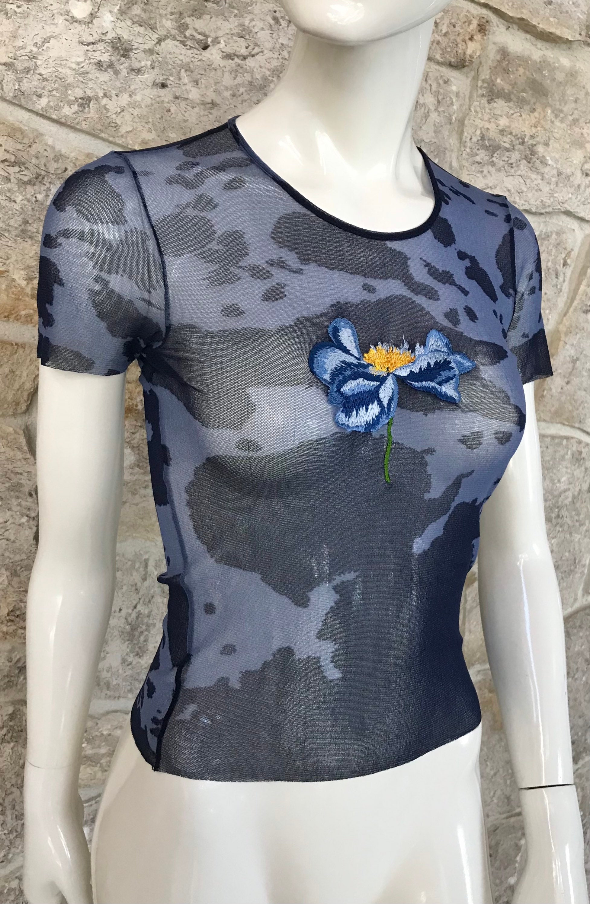 Vintage 1980s 1990s Kenzo Jeans Sheer Blue Mesh Top With