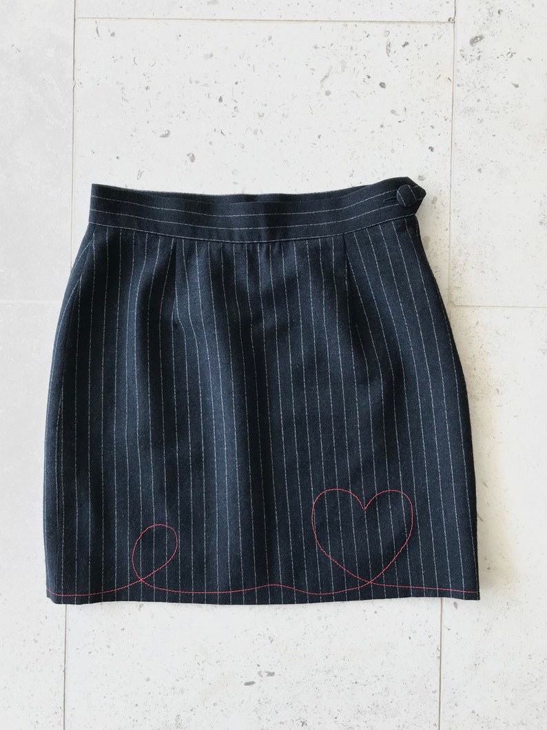 Vintage 1980s 1990s Moschino Cheap and Chic Pinstripe Skirt with Red Heart Stitching image 2
