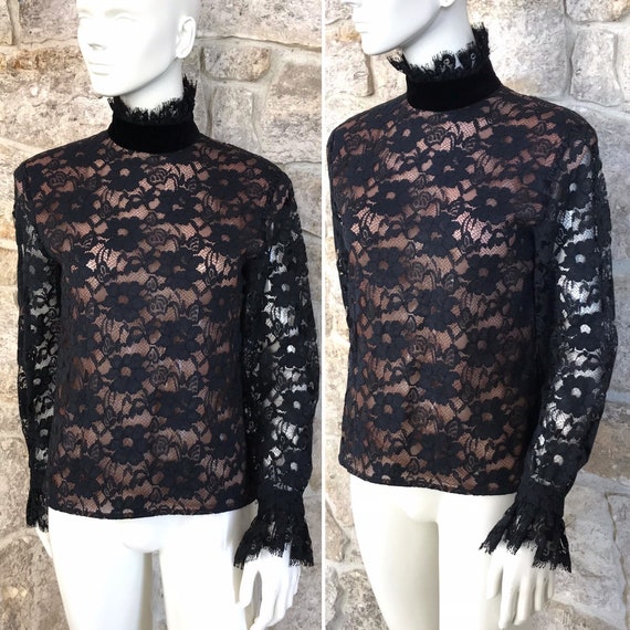 Elegant Vintage 1970s 1980s Black Lace High Neck … - image 1