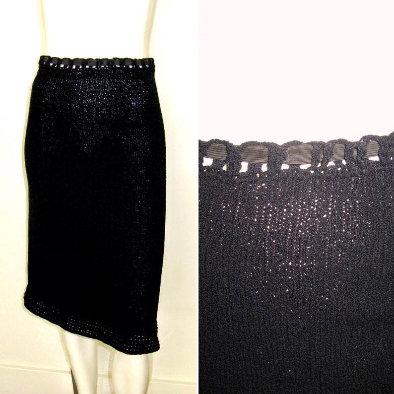 Vintage 1940s 1950s Black Knit Skirt and Top Set with Metal Zipper