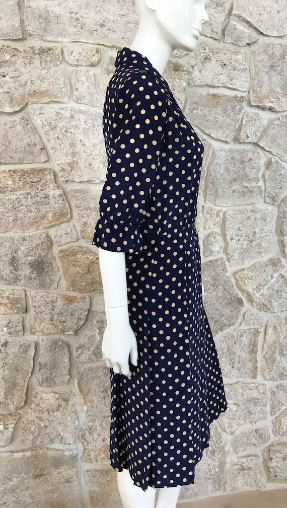 Vintage 1960s Blue Polka Dot Silk Shirt Dress wit… - image 5