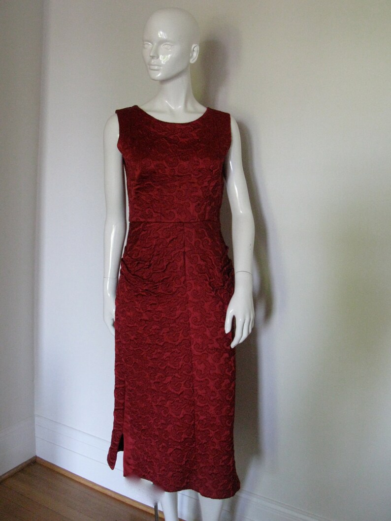 Late 1940s, Early 1950s Strapless Red Silk Satin Full Skirt Dress w Rhinestone Detailing