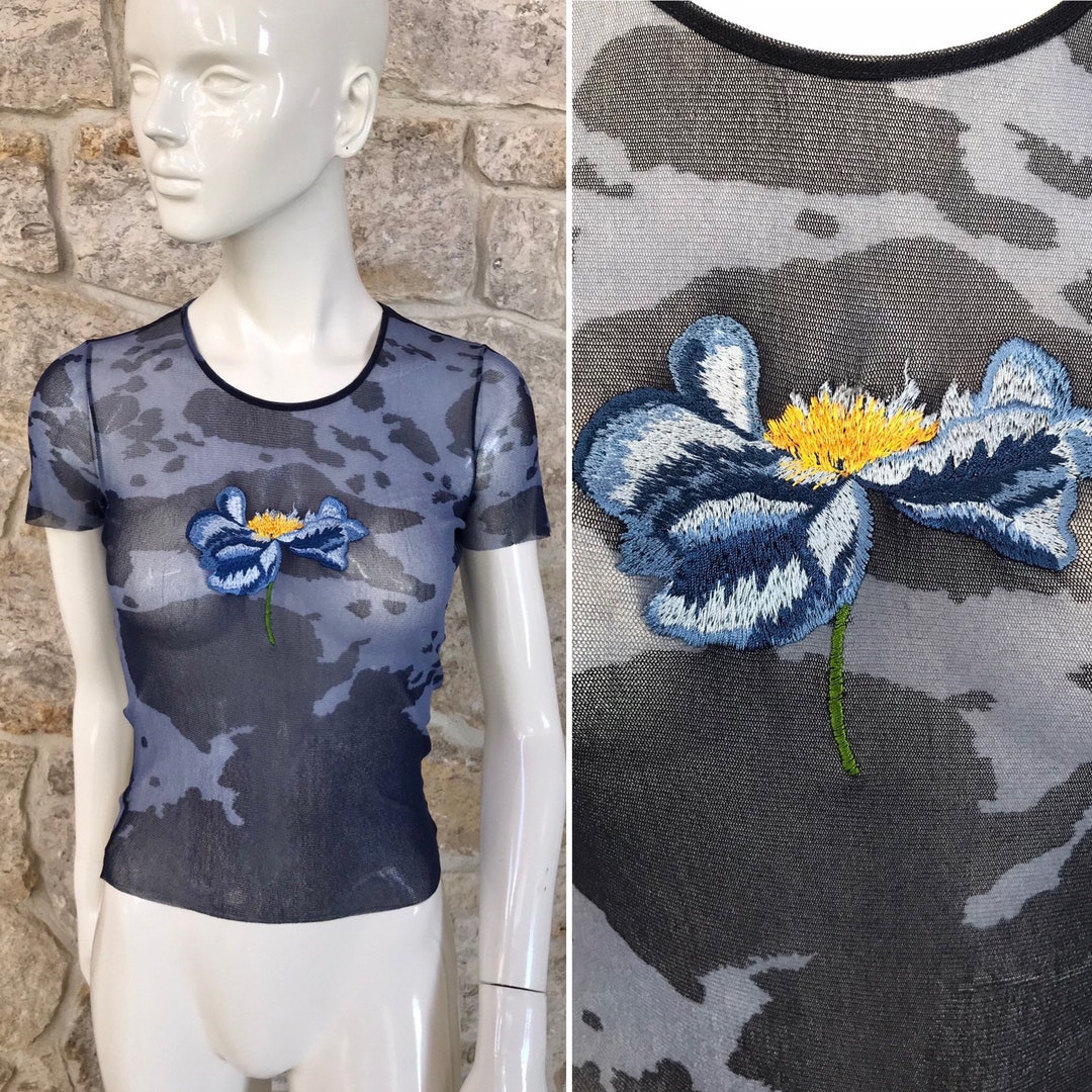 Kenzo Vintage 90s Sheer Mesh Top Psychedelic Print T-shirt