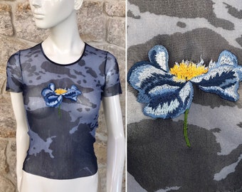 Vintage 1980s 1990s Kenzo Jeans Sheer Blue Mesh Top with Embroidered Poppy