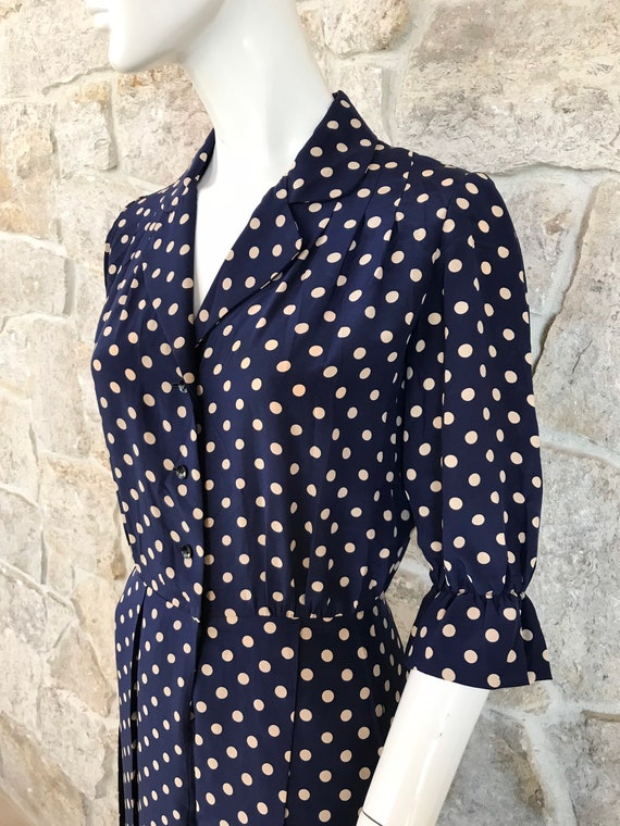 Vintage 1960s Blue Polka Dot Silk Shirt Dress with Pl… - Gem