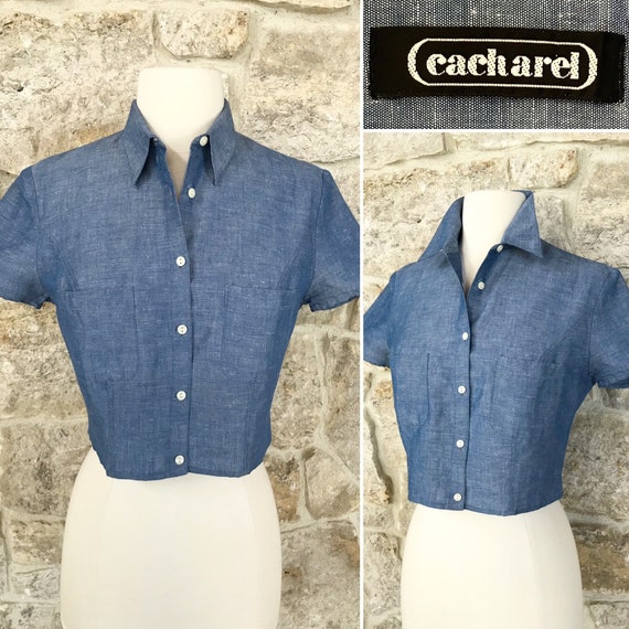 Vintage 1970s Cacharel Short Sleeve Crop Blouse w… - image 1