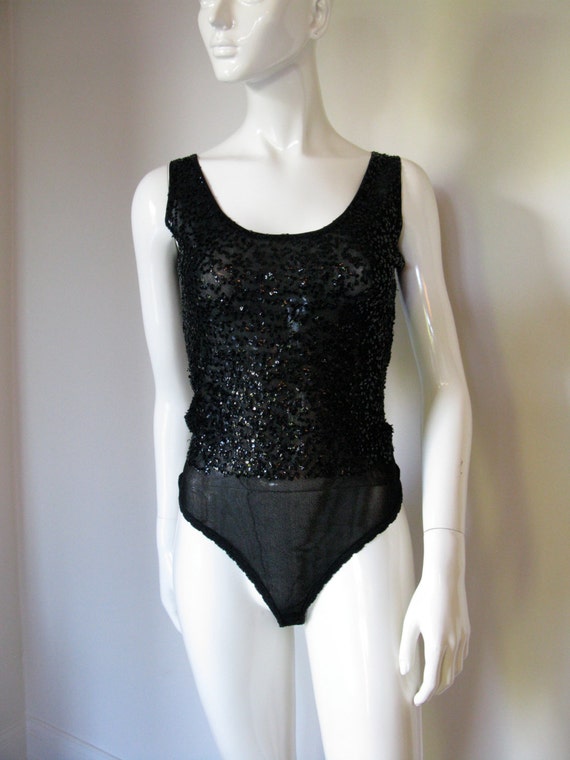 Vintage 1990s Donna Karan Black Sequin Stretchy M… - image 1