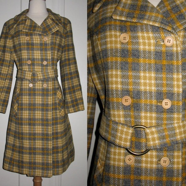 SALE SALE  Sophisticated Vintage Pendleton Double Breasted Plaid Wool Coat with Unusual Belt 1960s 1970s S/M