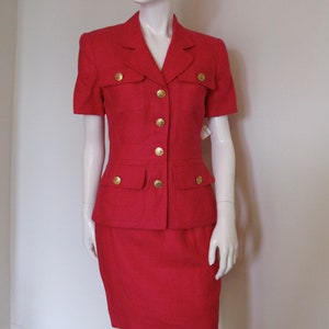 Vintage 1980s Scaasi Dress Fuchsia Linen Pencil Skirt Set Suit with Gold Buttons NWT image 2