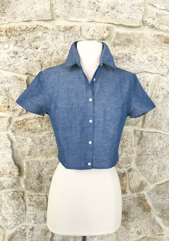 Vintage 1970s Cacharel Short Sleeve Crop Blouse w… - image 2