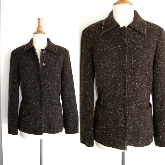 Vintage 1990s Alberta Ferretti Brown Wool Tweed Jacket with White Topstitching
